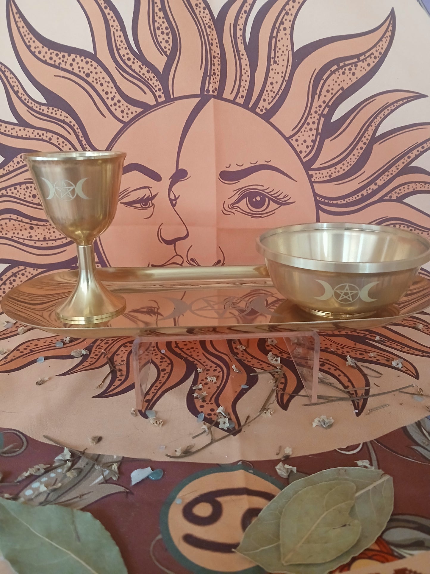 Ensemble rituel en laiton (verre, bol et assiette longue)