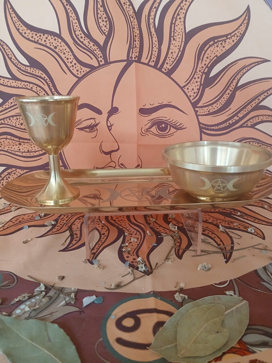 Ensemble rituel en laiton (verre, bol et assiette longue)